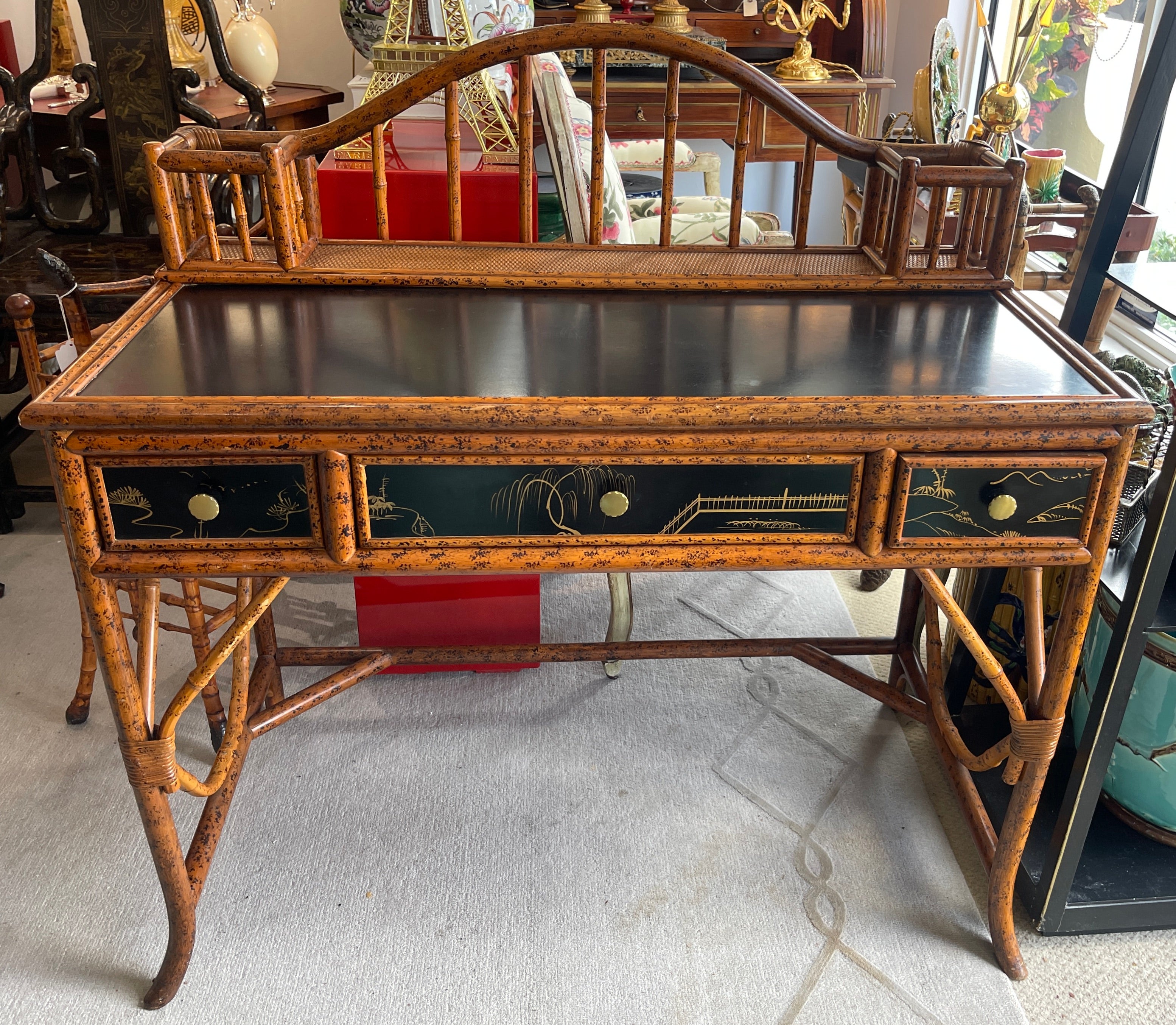 Philippine 20Th.C. Chinoiserie Bamboo, Rattan  & Black  Lacquer Writing  Desk