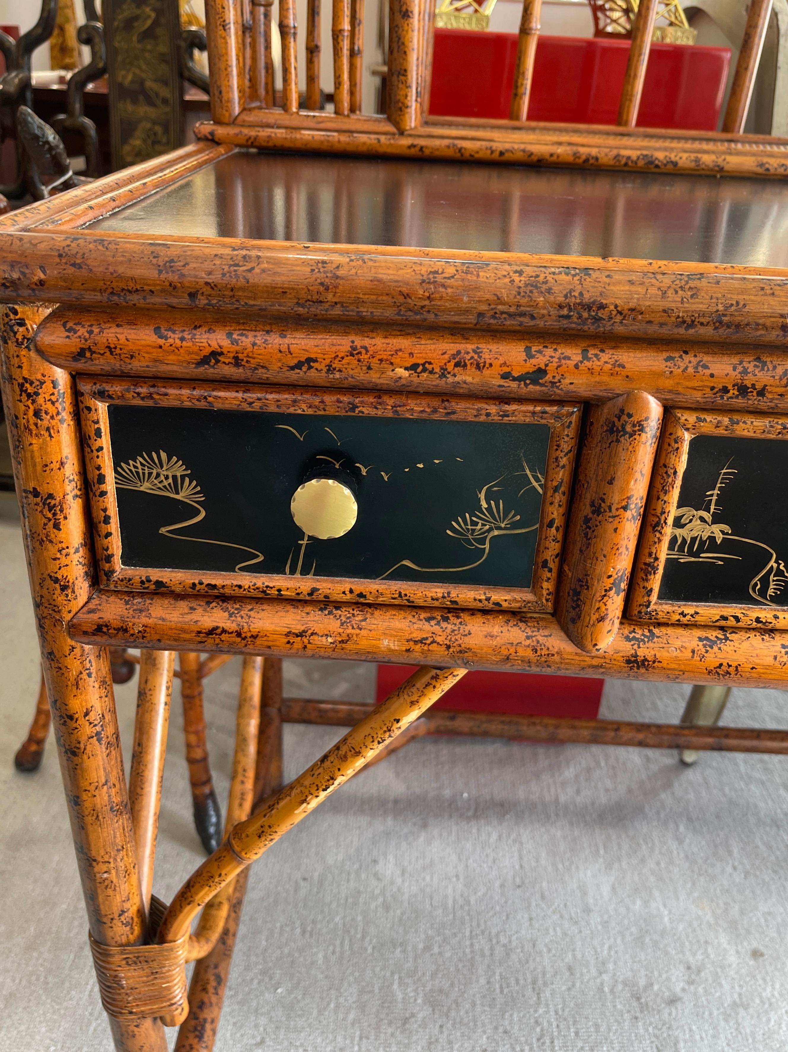20Th.C. Chinoiserie Bamboo, Rattan  & Black  Lacquer Writing  Desk In Good Condition In West Palm Beach, FL