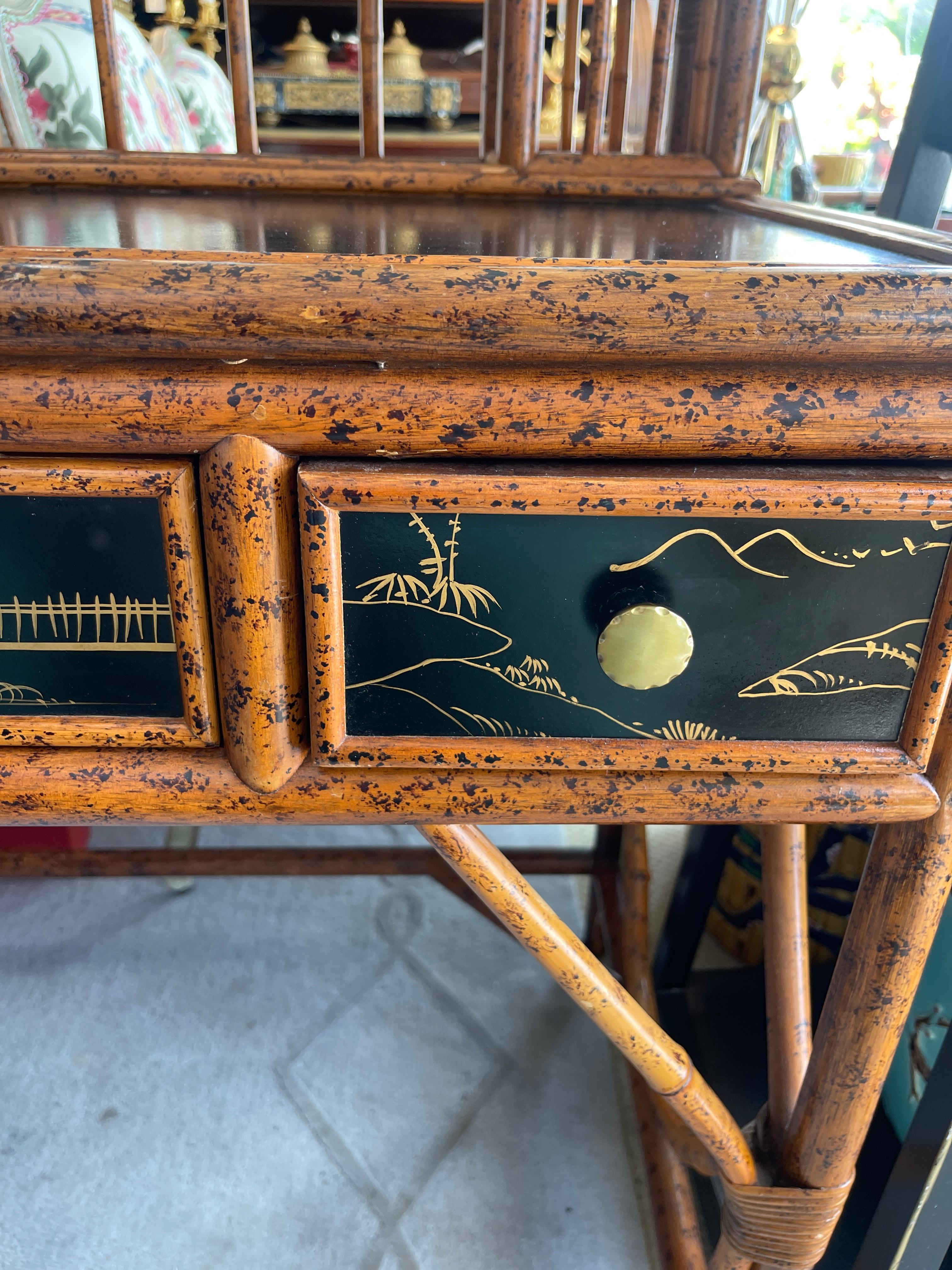 Mid-20th Century 20Th.C. Chinoiserie Bamboo, Rattan  & Black  Lacquer Writing  Desk