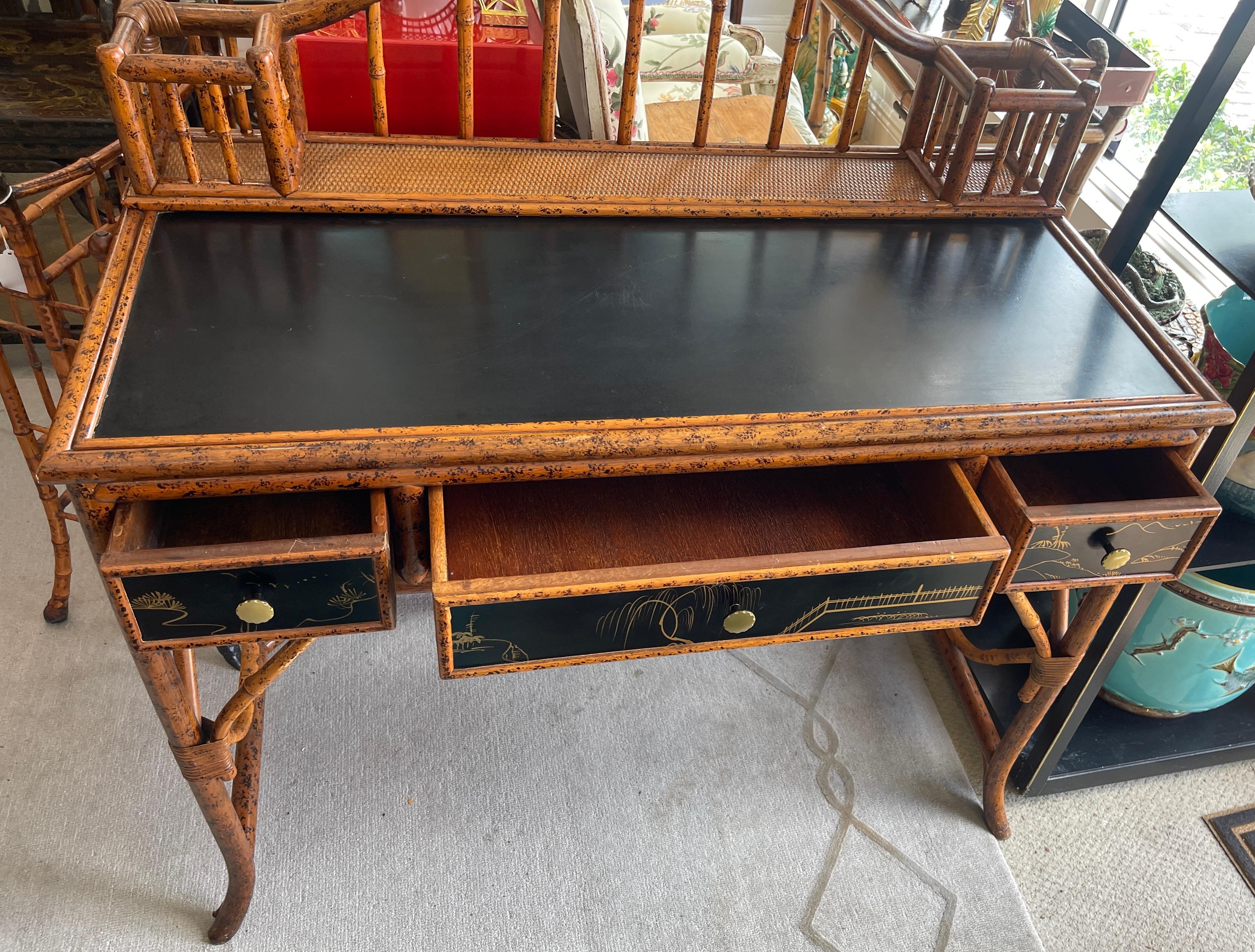 20Th.C. Chinoiserie Bamboo, Rattan  & Black  Lacquer Writing  Desk 1