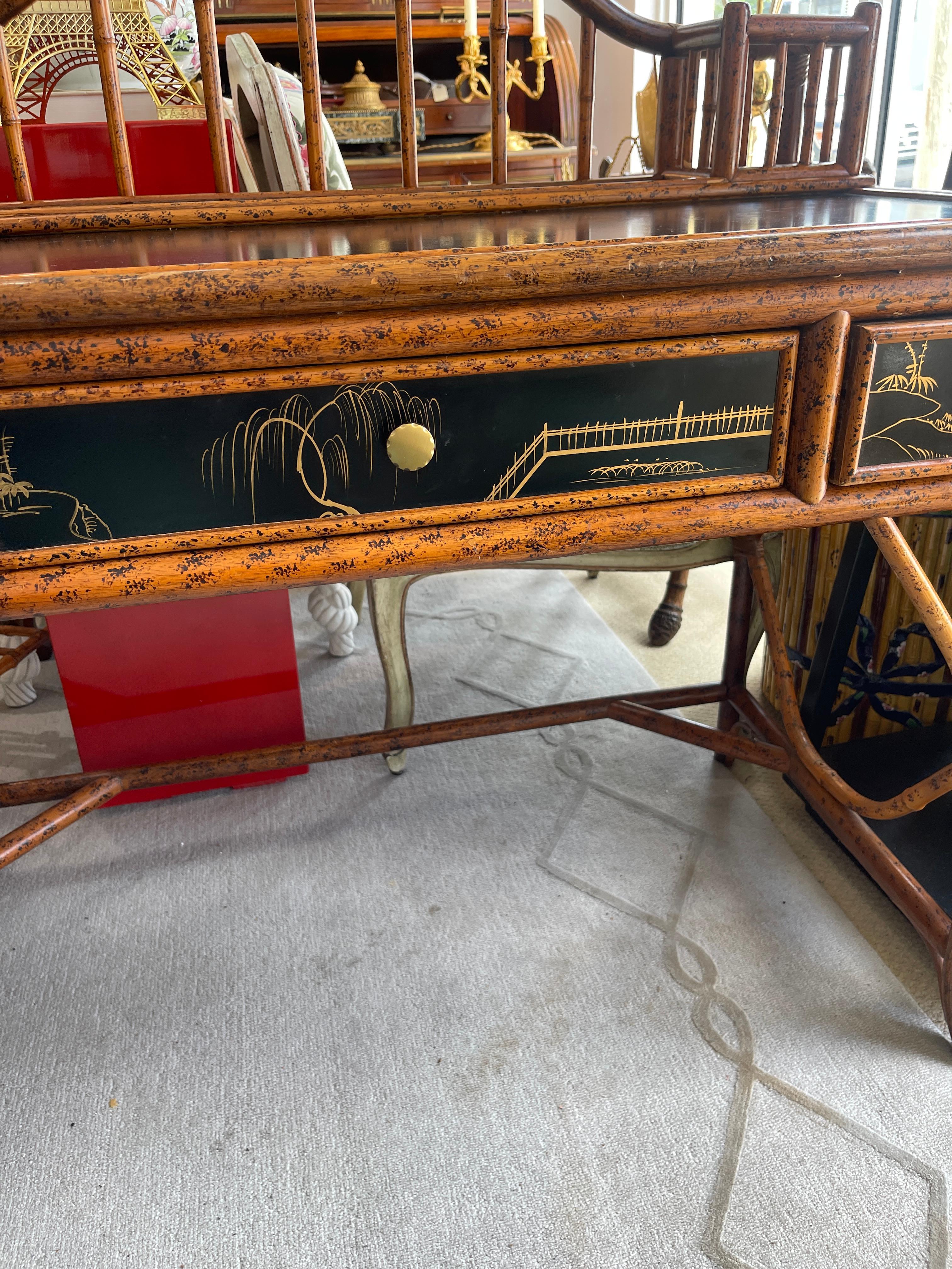 20Th.C. Chinoiserie Bamboo, Rattan  & Black  Lacquer Writing  Desk 3