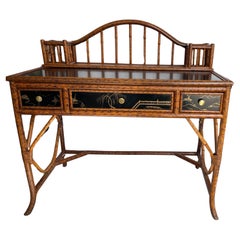 20Th.C. Chinoiserie Bamboo, Rattan  & Black  Lacquer Writing  Desk