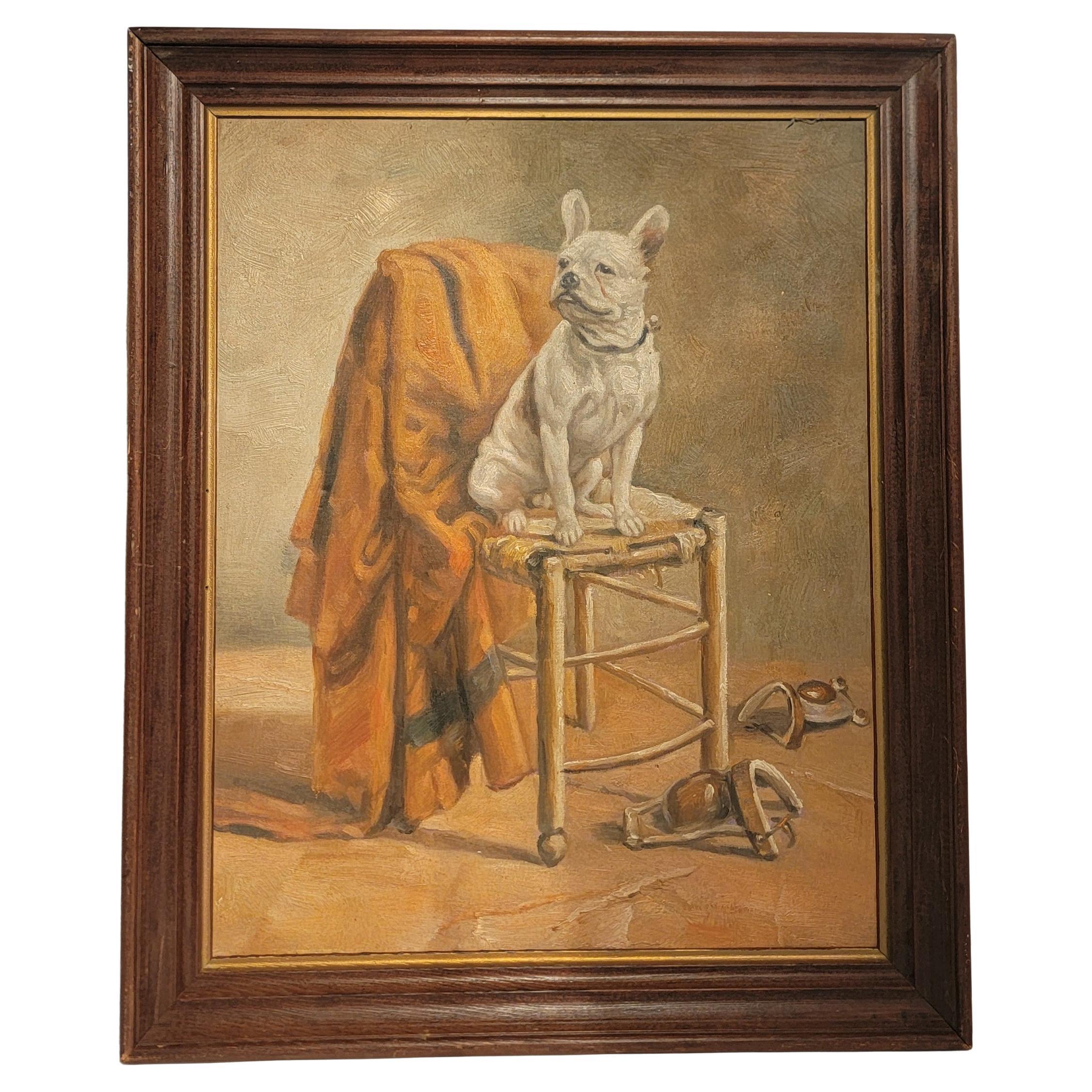 20Thc Dog Oil Painting ( French Bull Dog )in a Chair