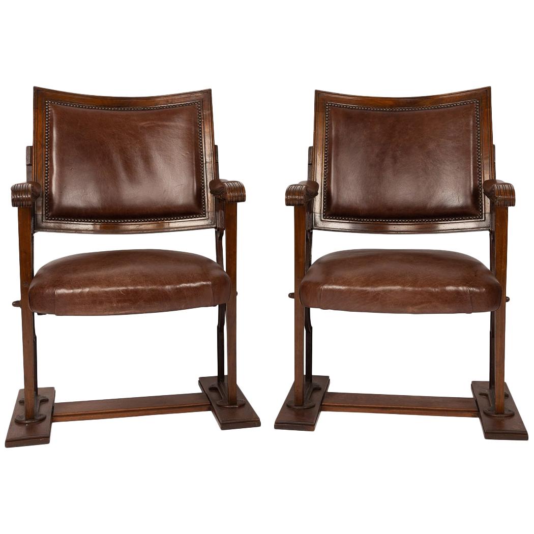 20th Century Edwardian Mahogany and Leather Cinema / Theatre Chairs, circa 1900 For Sale