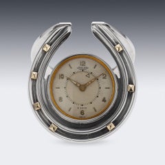 20thC English Solid Silver & Gold Alarm Clock By Jaeger, Retailed By Asprey & Co
