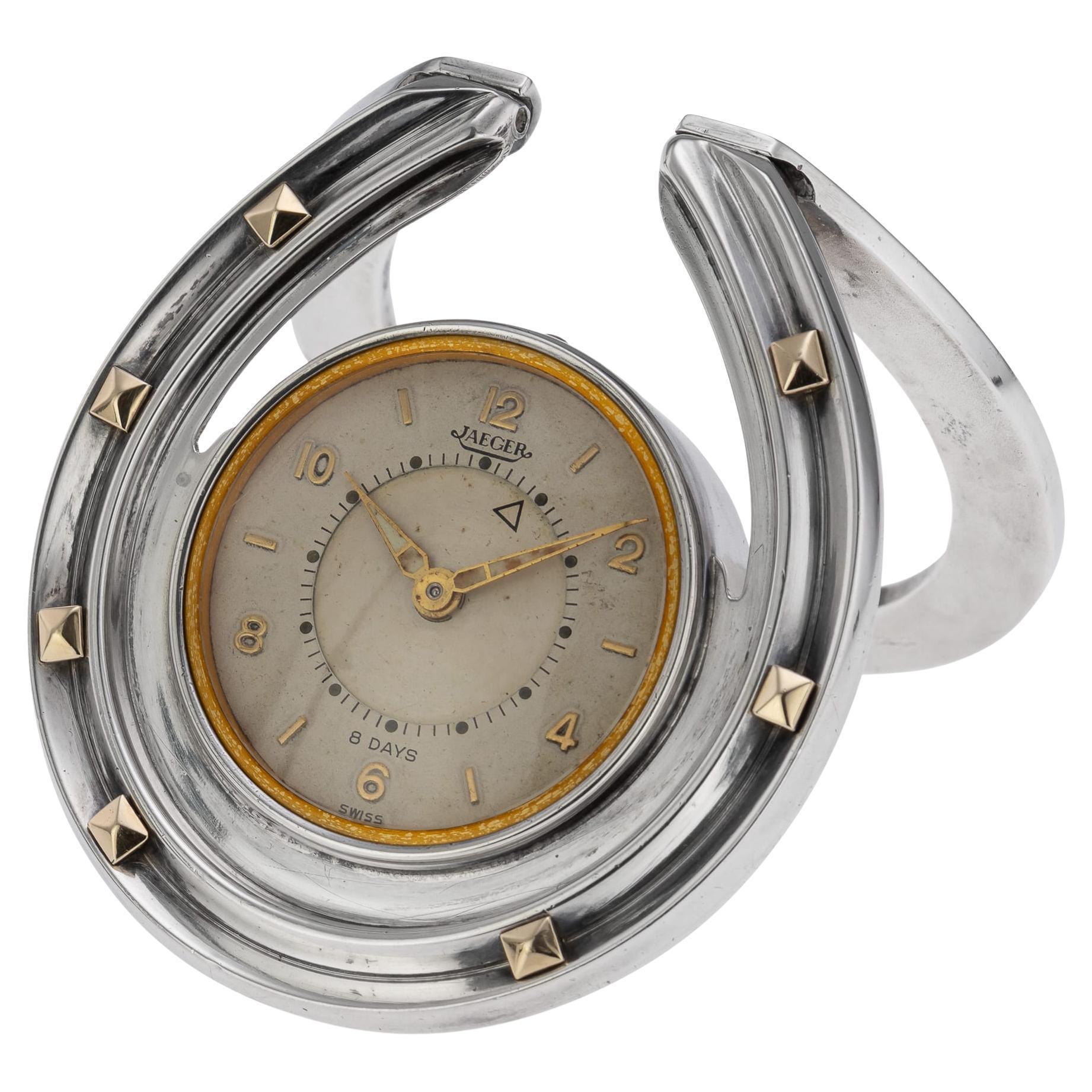 20thC English Solid Silver 
Gold Alarm Clock By Jaeger, Retailed By Asprey 
Co For Sale
