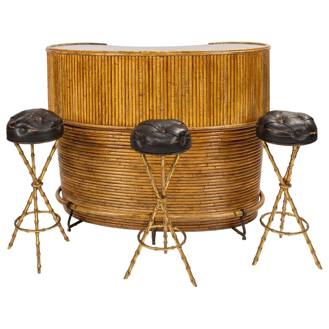 20th Century French Bamboo Cocktail Bar & Bar Stools by Jacques Adnet circa 1950