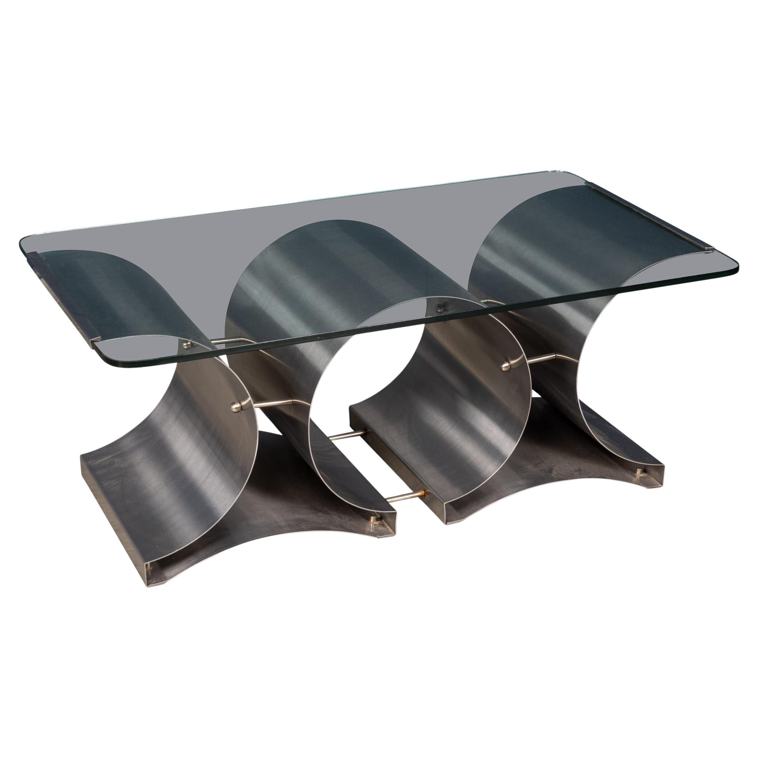 20thC French Brushed Steel 
Glass Coffee Table By François Monnet For Kappa For Sale