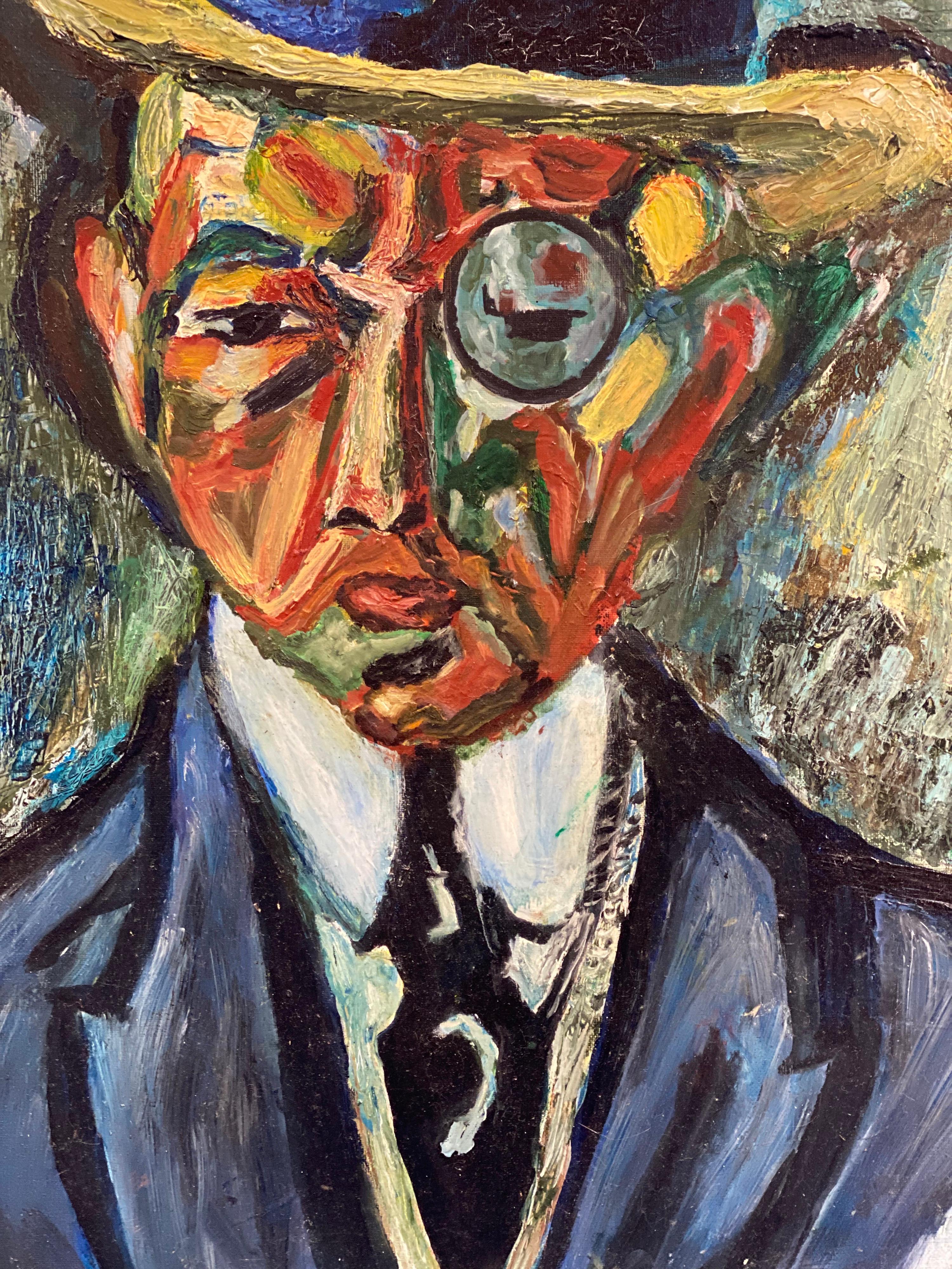Peinture à l'huile moderniste et coloriste française - Portrait abstrait d'un gentleman  - Gris Figurative Painting par 20thC French