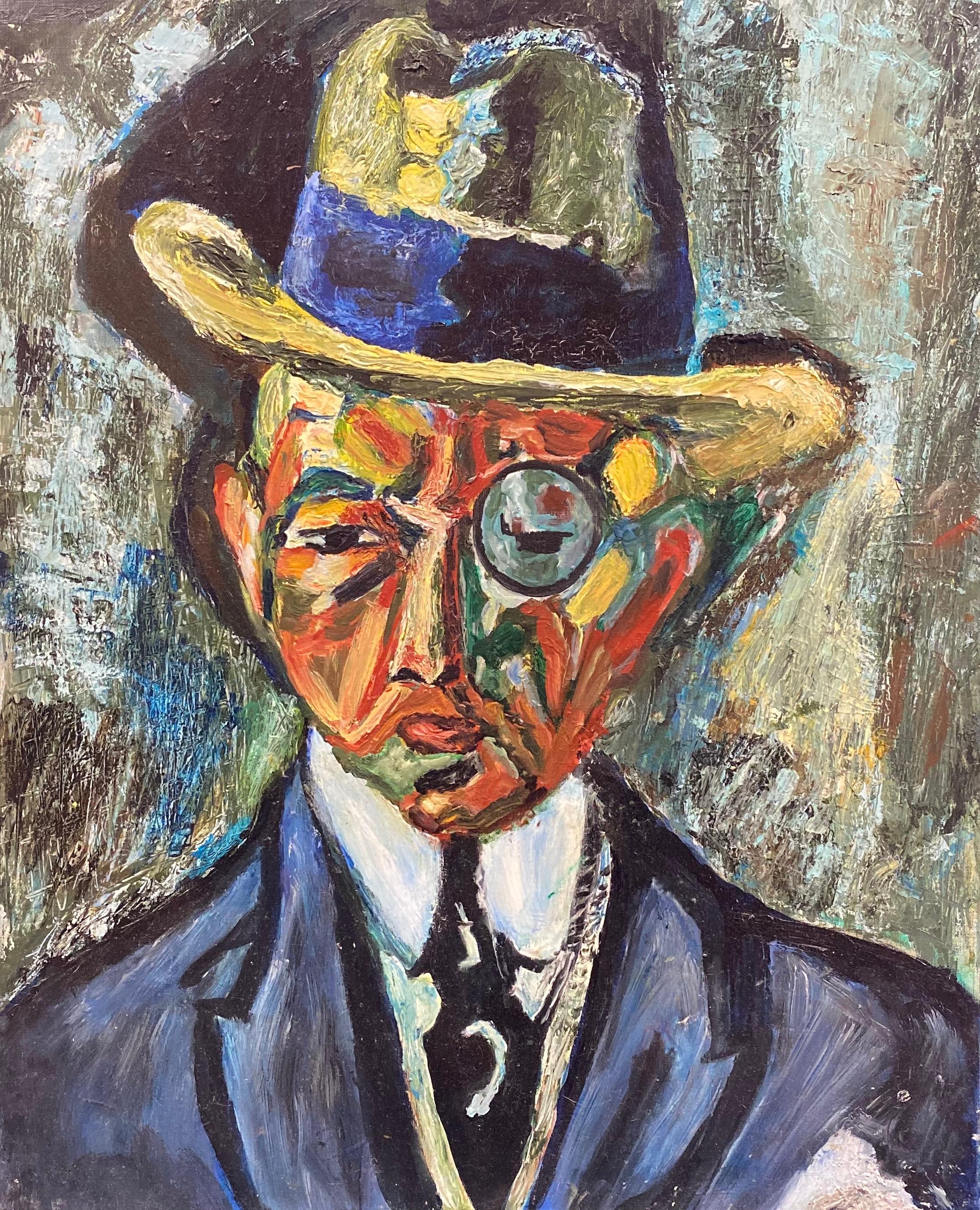 Peinture à l'huile moderniste et coloriste française - Portrait abstrait d'un gentleman 