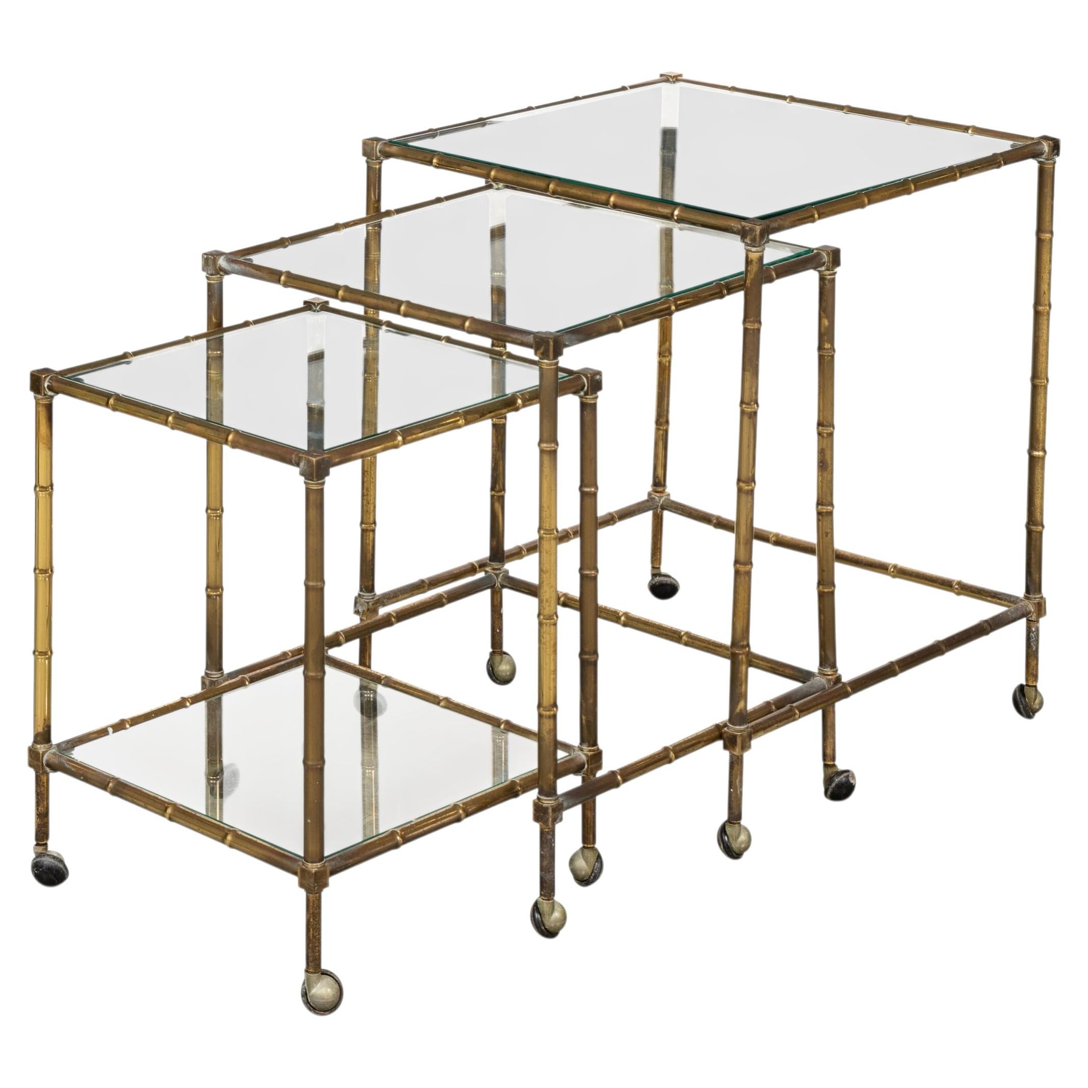 20thC French Set Of Three Brass Faux Bamboo Nesting Tables By Maison Jansen