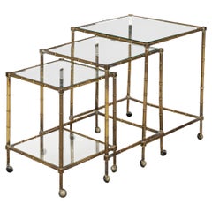 20thC French Set Of Three Brass Faux Bamboo Nesting Tables By Maison Jansen