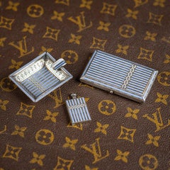 20thC French Solid Silver & Enamel Cigarette Case, Ashtray & Lighter c.1930