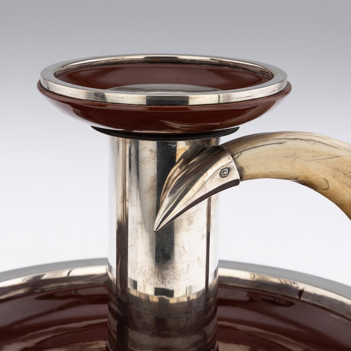 20thC German Solid Silver, Ceramic & Boar Tusk Cigarette Box Holder & Ashtray For Sale 7