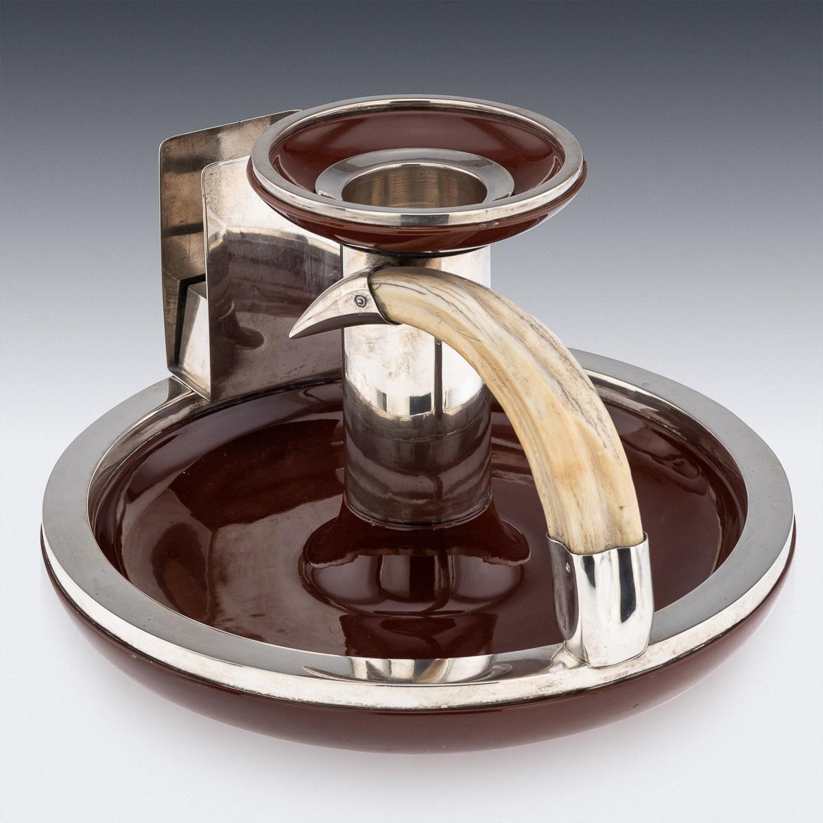 20thC German Solid Silver, Ceramic & Boar Tusk Cigarette Box Holder & Ashtray In Good Condition For Sale In Royal Tunbridge Wells, Kent