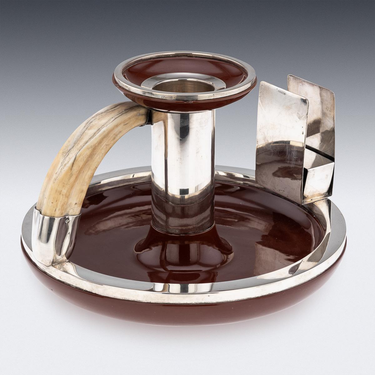 20th Century 20thC German Solid Silver, Ceramic & Boar Tusk Cigarette Box Holder & Ashtray For Sale