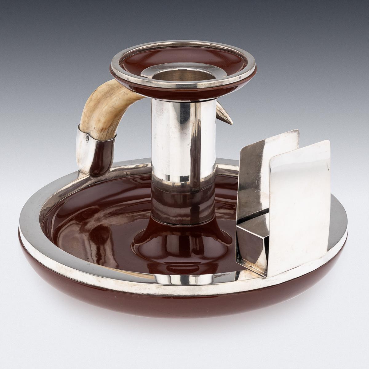 20thC German Solid Silver, Ceramic & Boar Tusk Cigarette Box Holder & Ashtray For Sale 1