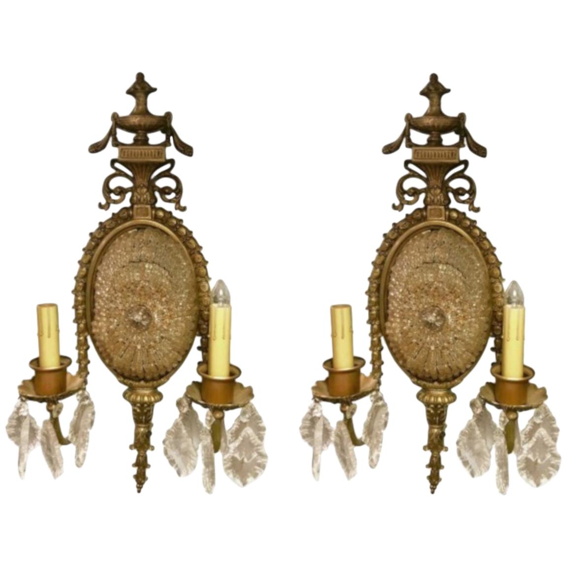 20thc Gilt Metal Wall Sconces with Cut Crystals For Sale at 1stDibs
