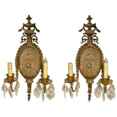 20thc Gilt Metal Wall Sconces with Cut Crystals