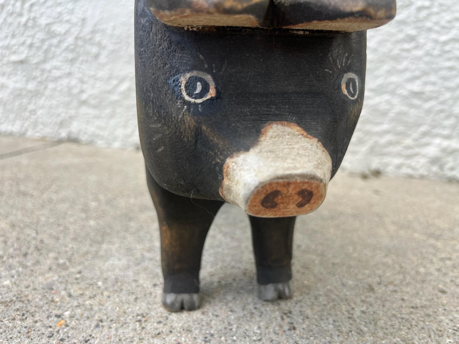 American 20thc Hand Carved Painted Folk Art Wooden Pig