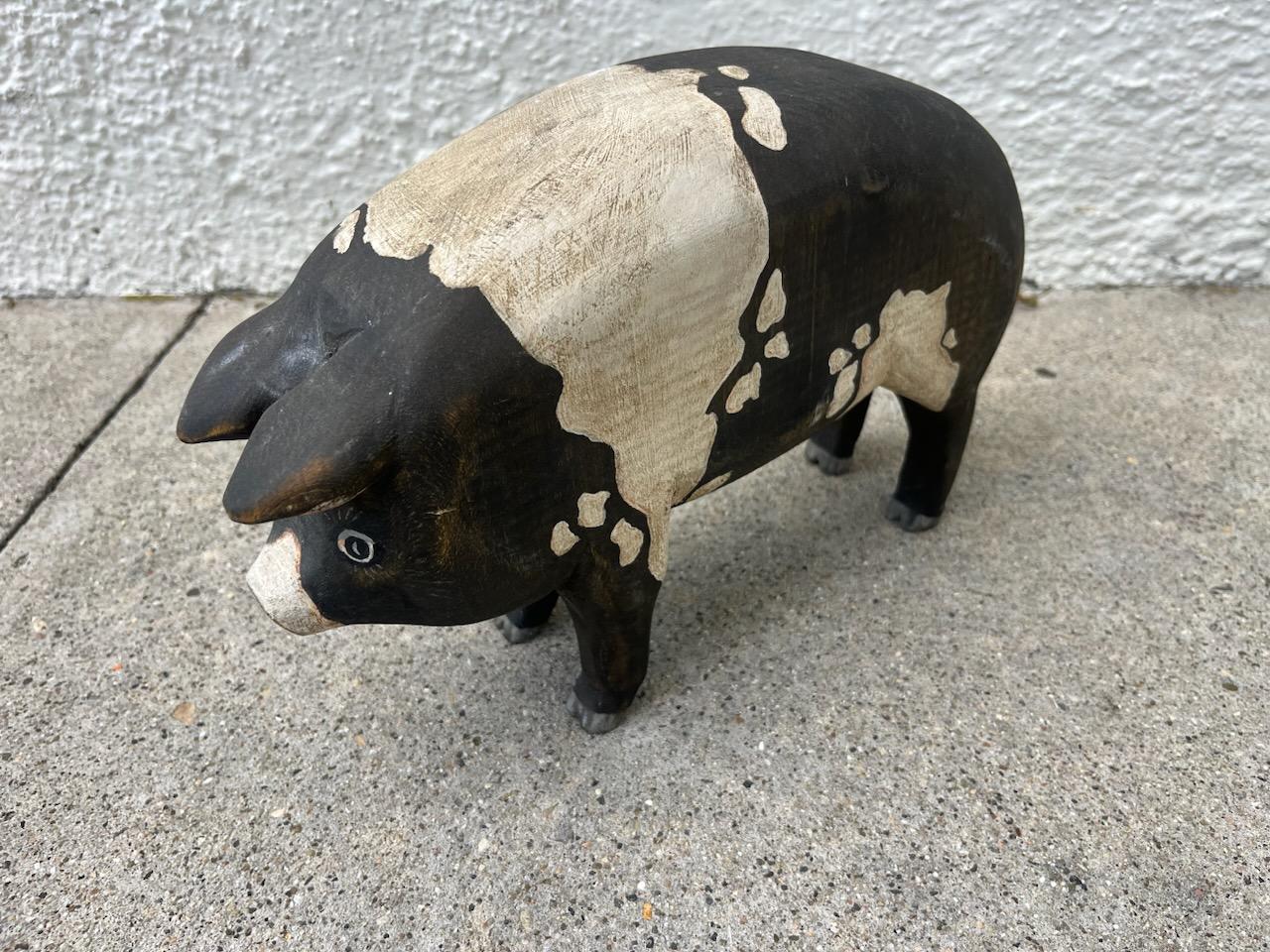 Hand-Carved 20thc Hand Carved Painted Folk Art Wooden Pig