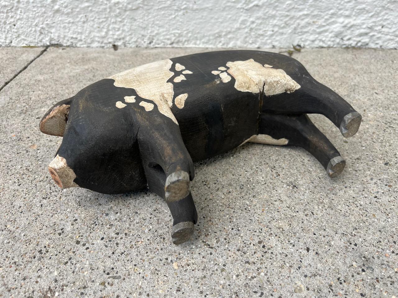 20thc Hand Carved Painted Folk Art Wooden Pig In Good Condition In Los Angeles, CA
