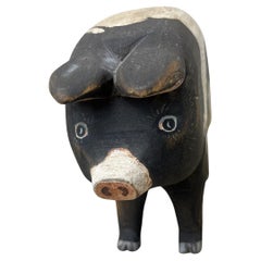 20thc Hand Carved Painted Folk Art Wooden Pig