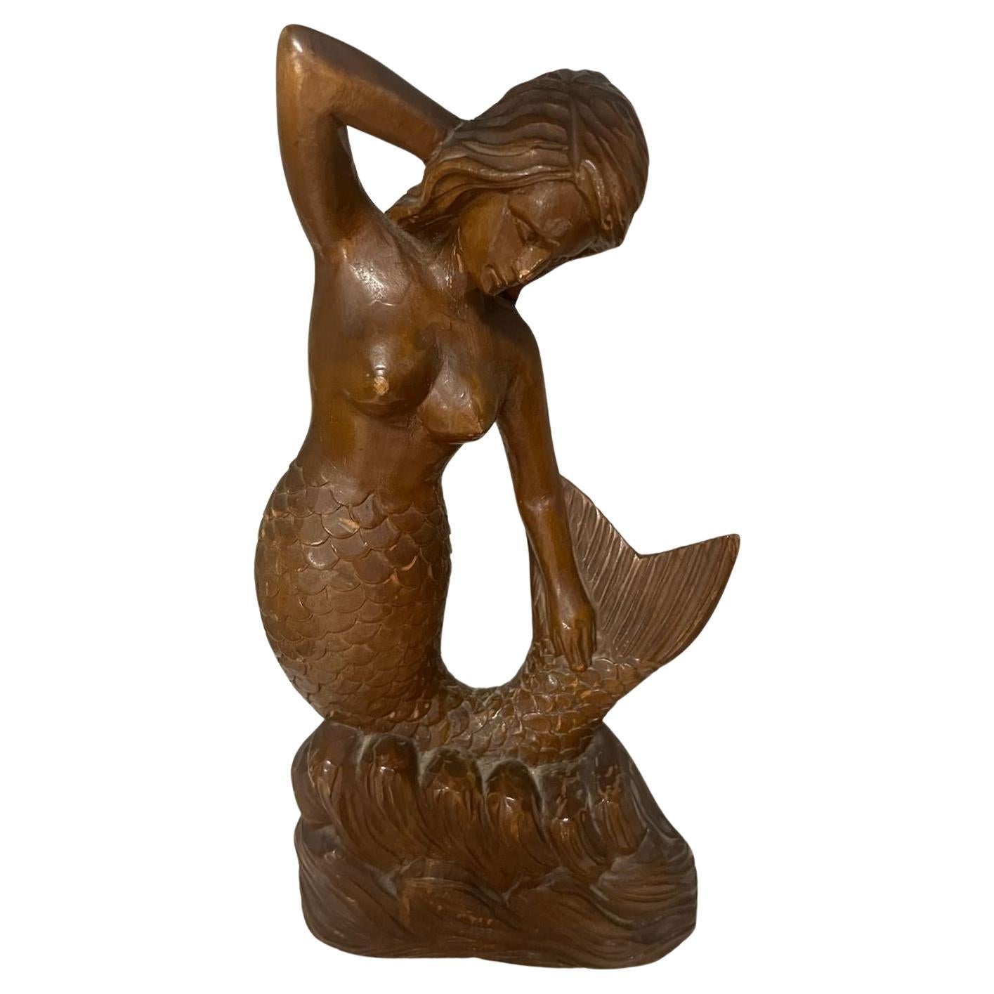 20thc Hand Carved Wood Mermaid Statue For Sale