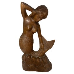 20thc Hand Carved Wood Mermaid Statue