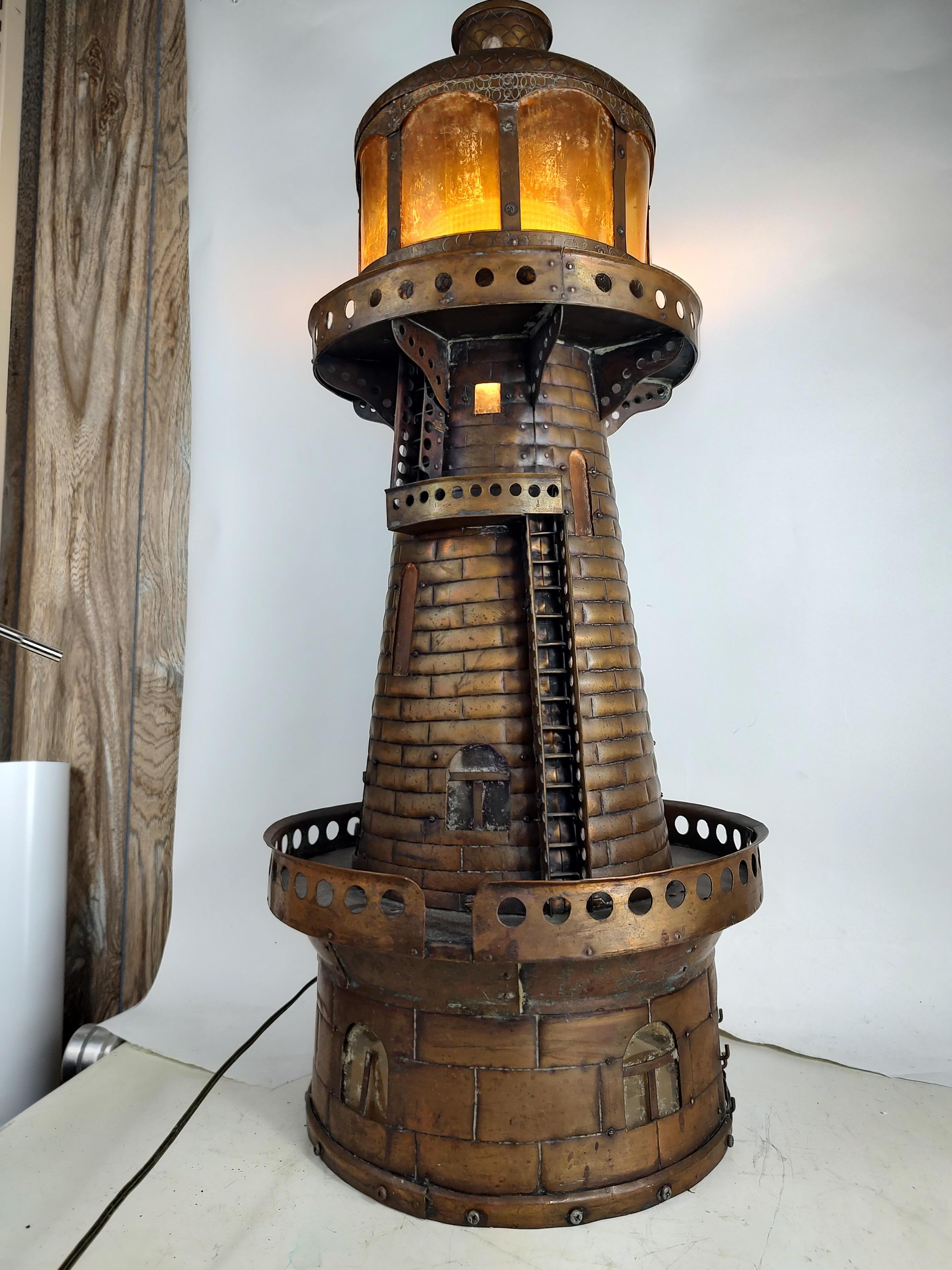 20th C, Hand Crafted Tall Copper Electrified Lighthouse Table Lamp For Sale 7