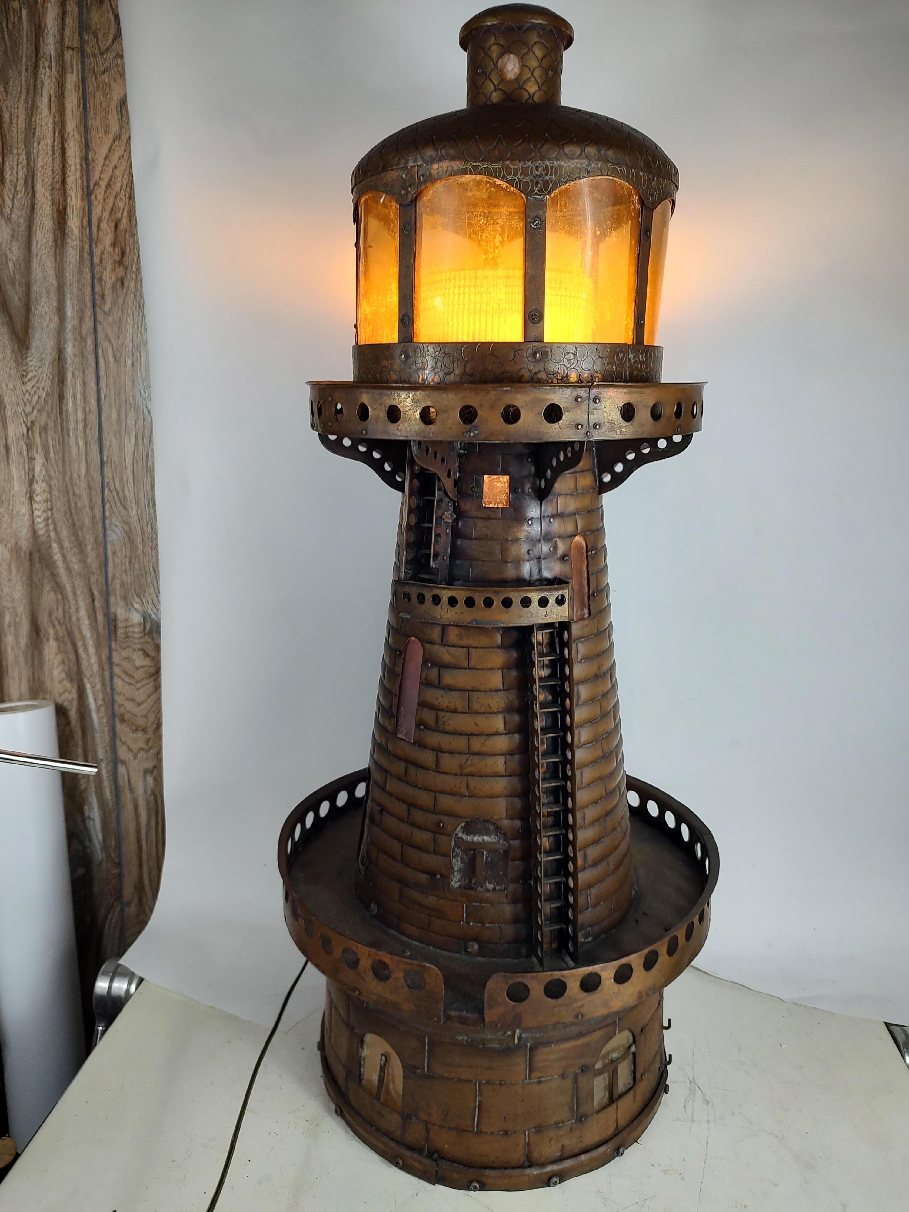 20th C, Hand Crafted Tall Copper Electrified Lighthouse Table Lamp For Sale 9
