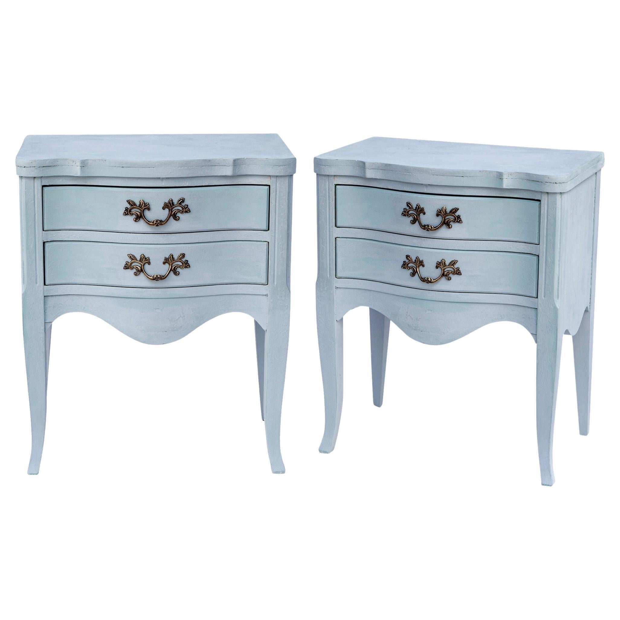20thC Hand-painted Light Blue Louis XVI Nightstands; a pair 