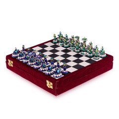 20thC Indian Silver & Enamel Chess Set With Silk & Velvet Board, Jaipur c.1950