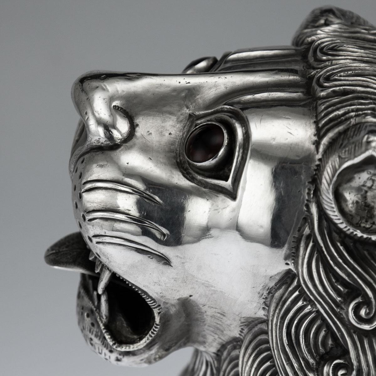 20th Century Indian Solid Silver Pair of Royal Throne Lion Figures, circa 1900 8