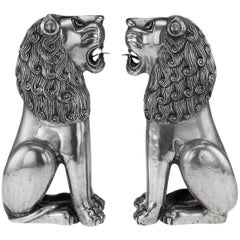 20th Century Indian Solid Silver Pair of Royal Throne Lion Figures, circa 1900