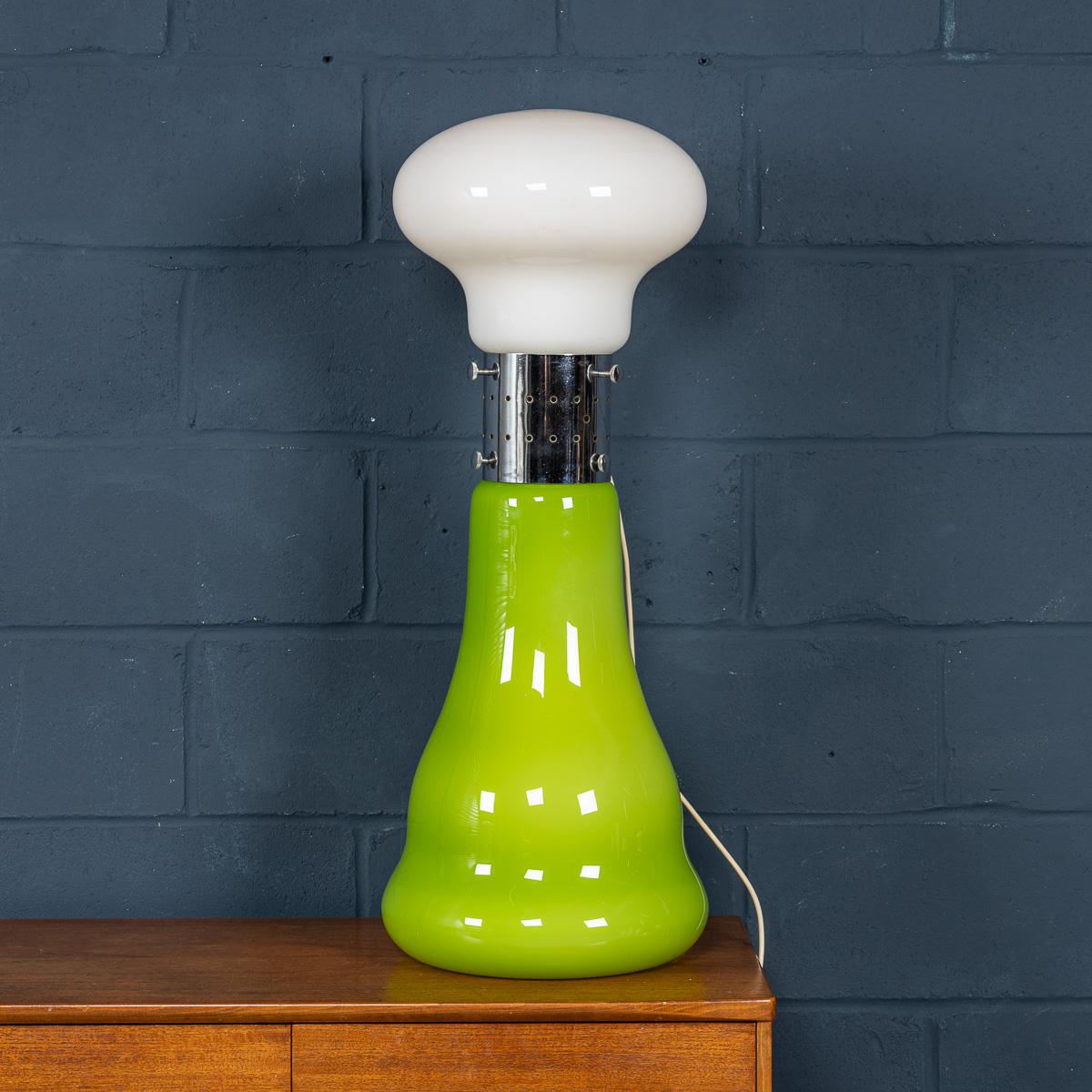 A wonderful vintage Italian table lamp made by Carlo Nason for Mazzega. Produced in Murano, Venice in the 1970s, this chrome and glass lamp exemplifies Carlo Nason’s workmanship. Using vibrant colours, Nason has used a lime green glass for the base