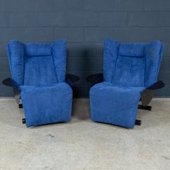 20thC Italian Pair Of Blue Alcantara Leather Reclining Armchairs By Cinova c1980