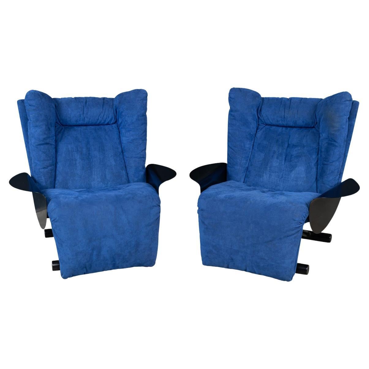 Coppia di poltrone reclinabili in pelle di alcantara blu del XX secolo di Cinova c1980