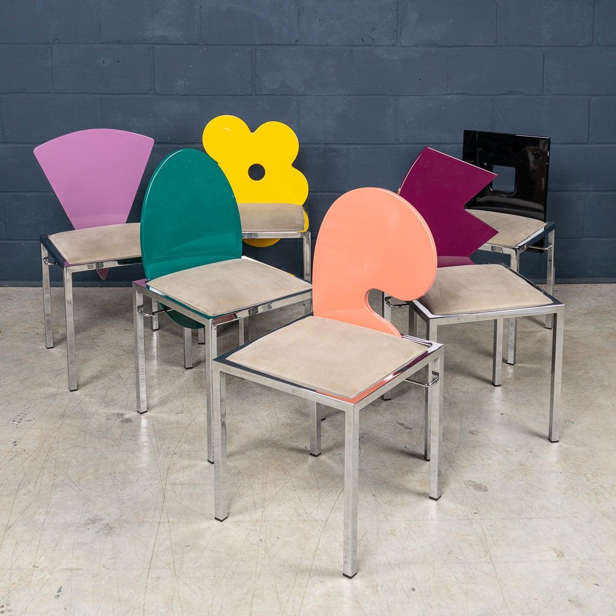 A striking set of six Omaggi chairs designed by Salvati & Tresoldi for Saporiti, Italy, in the 1980s. These chairs are a bold celebration of art and design, paying homage to masters such as Balla, Fontana, Warhol, Malevich, Arp, and Paladino. Rare
