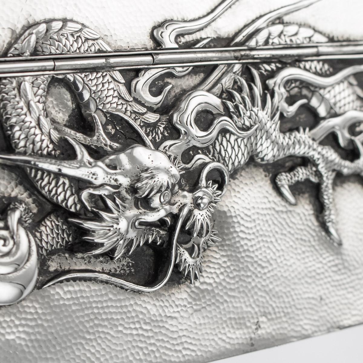 20thC Japanese Meiji Solid Silver Dragon Cigar Box c.1900 8