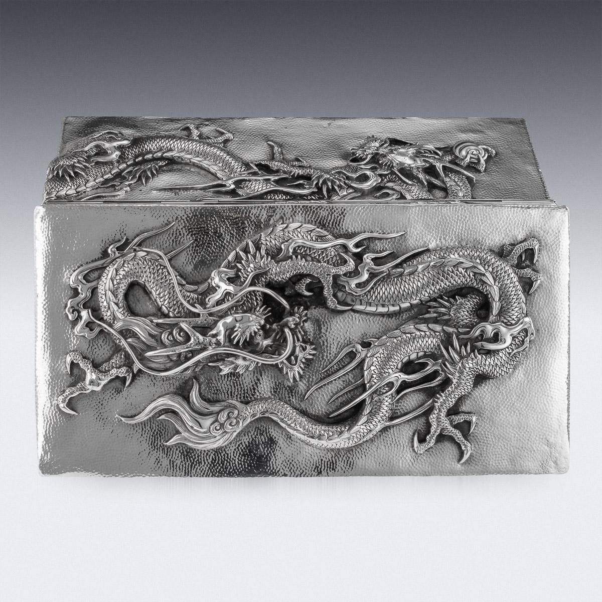 20thC Japanese Meiji Solid Silver Dragon Cigar Box c.1900 2