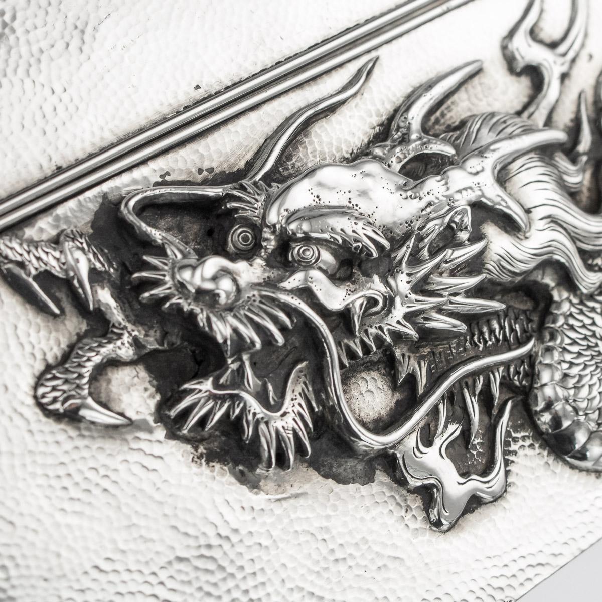 20thC Japanese Meiji Solid Silver Dragon Cigar Box c.1900 4