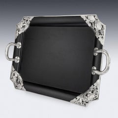 Vassoio da portata giapponese del XX secolo in argento massiccio su legno, Arthur & Bond C.1900