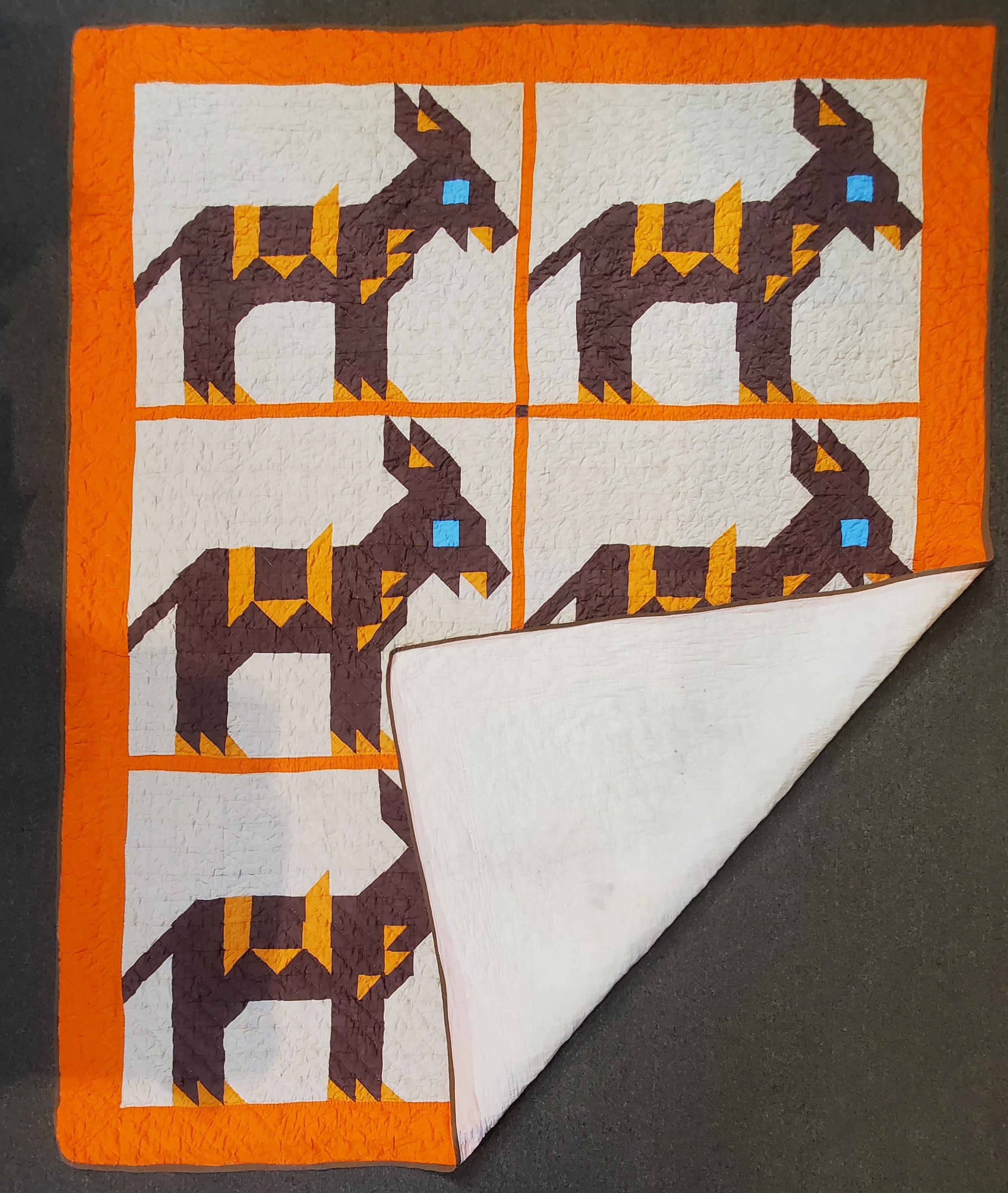 This folky 20th century south western looking donkey quilt (aka jackass quilt) is in great condition as found and comes from a private estate collection in SantaFe, New Mexico. It really does look like the southwest!