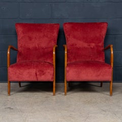 20thC Pair Of Italian Red Fabric Armchairs In The Manner Of Paolo Buffa c.1960