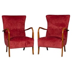 20thC Pair Of Italian Red Fabric Armchairs In The Manner Of Paolo Buffa c.1960