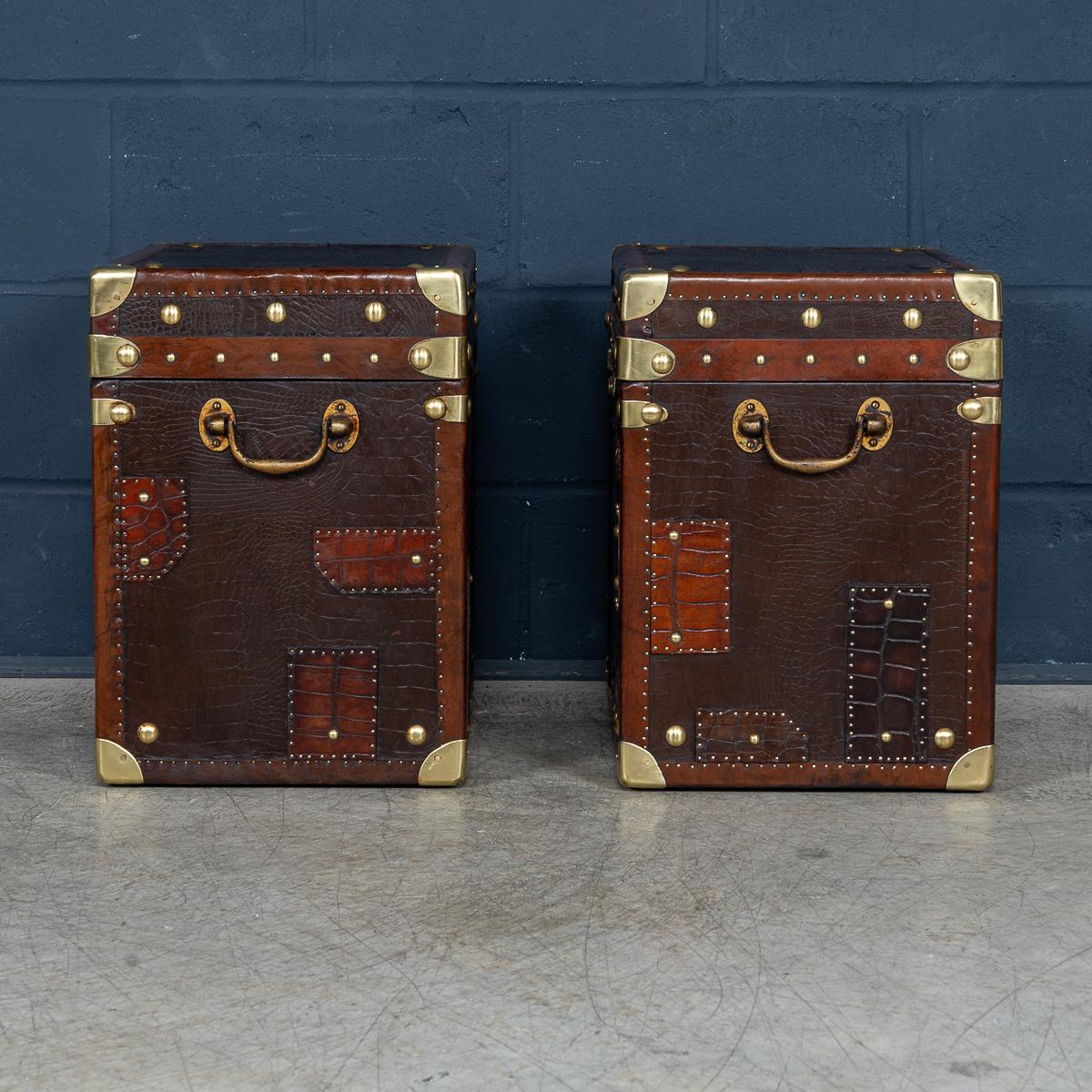 British 20thC Pair Of Leather Clad English Army / Navy Style Trunks For Sale