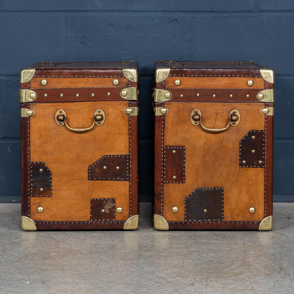British 20thC Pair Of Leather Clad English Army / Navy Style Trunks For Sale