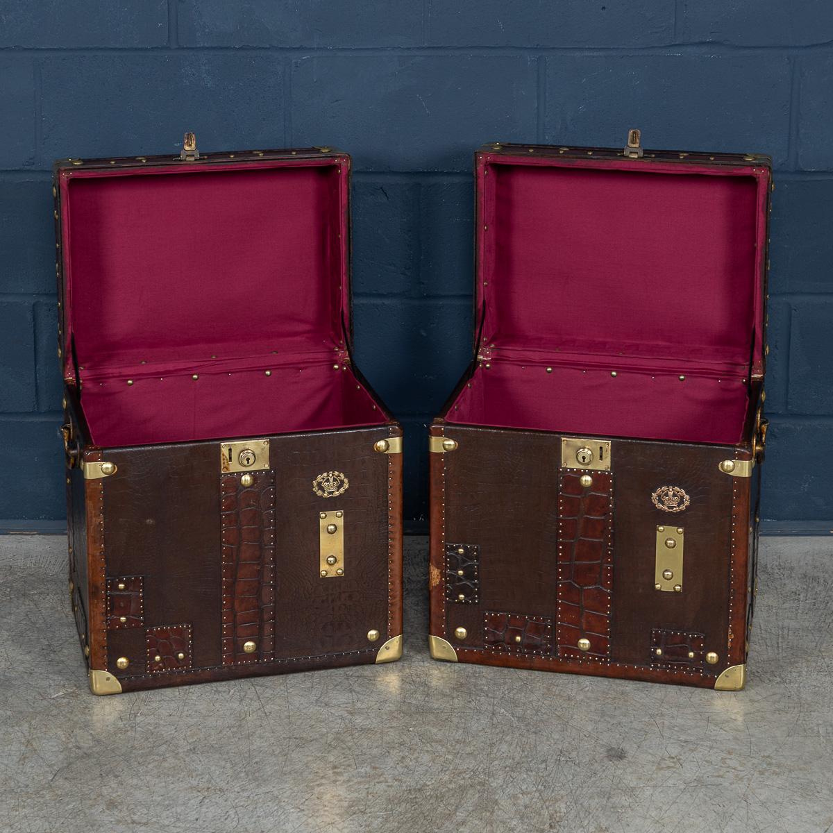 Brass 20thC Pair Of Leather Clad English Army / Navy Style Trunks For Sale