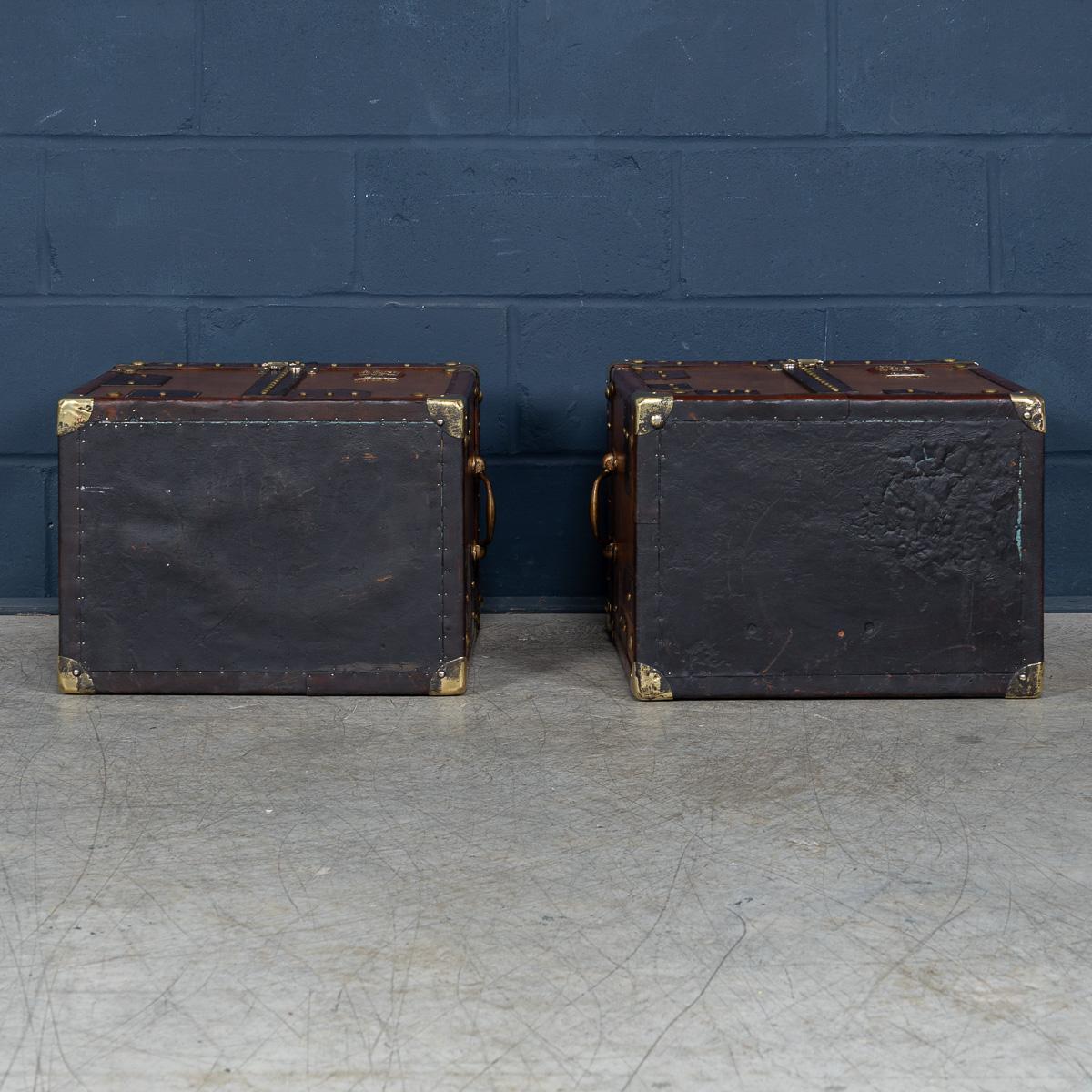 Brass 20thC Pair Of Leather Clad English Army / Navy Style Trunks For Sale